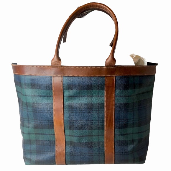 MRALPH LAUREN Black Watch Plaid Oversized Coated Canvas Brown Leather Travel Bag - Picture 2 of 16